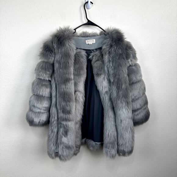 Jayley Collection Luxury Faux Fur Coat Women's M/L Gray Poly Stretch Pockets - Picture 2 of 5